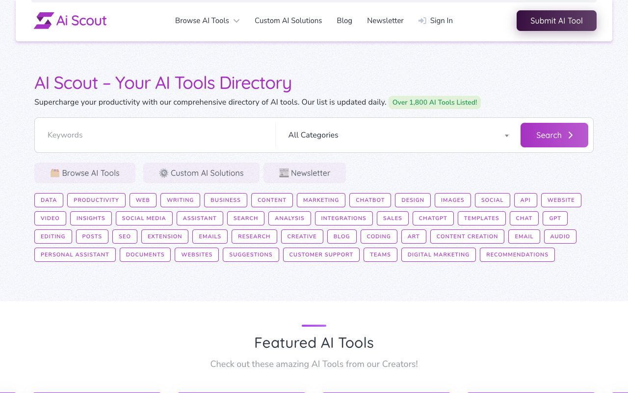 AI Scout - 全面的 AI 工具目录，每日更新 人工智能 工具