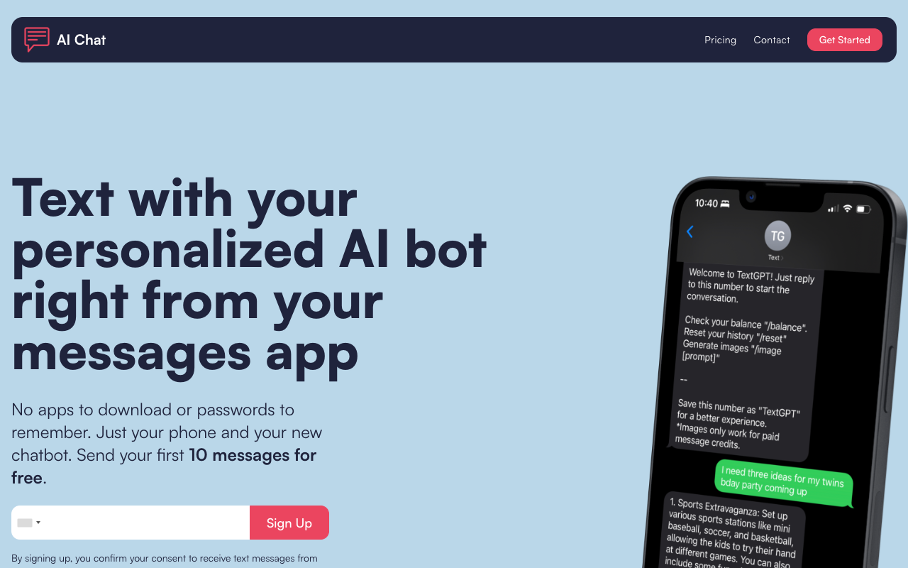 AI Chat SMS - 和你的个人 AI 机器人通过短信聊天 人工智能 短信 AI Chat SMS