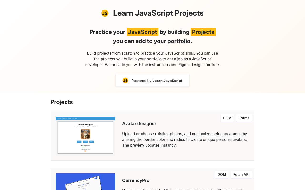学习 JavaScript 项目 - 免费的 JavaScript 项目和 Figma 设计，为您的作品集增色添彩