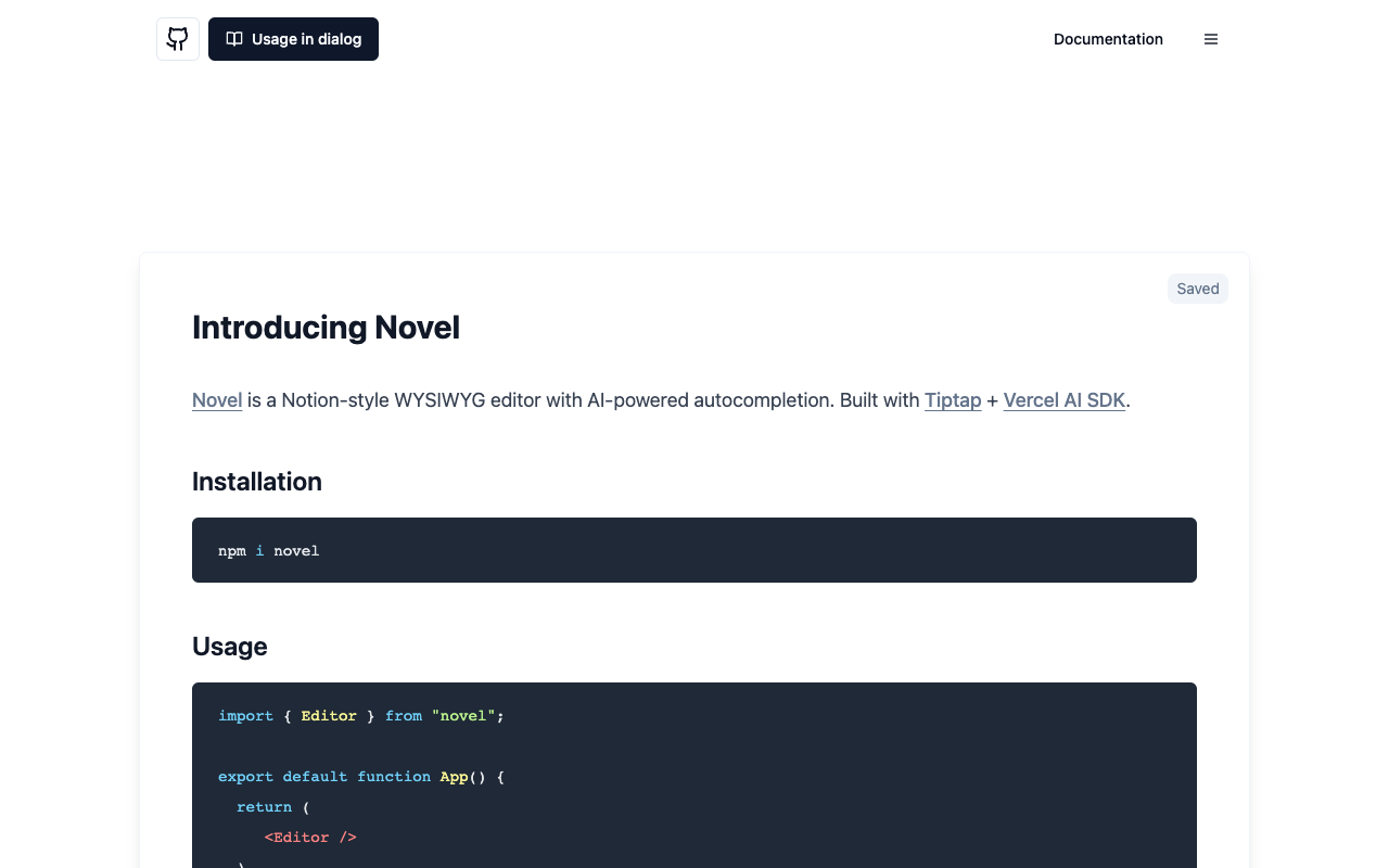 Novel - 开源 Notion 风格的编辑器，具备 AI 自动补全功能 开源 编辑器 人工智能