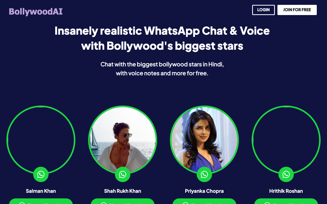 BollywoodAI - 印度电影 AI 之声 - 与您喜爱的印度电影演员在 WhatsApp 上交谈
