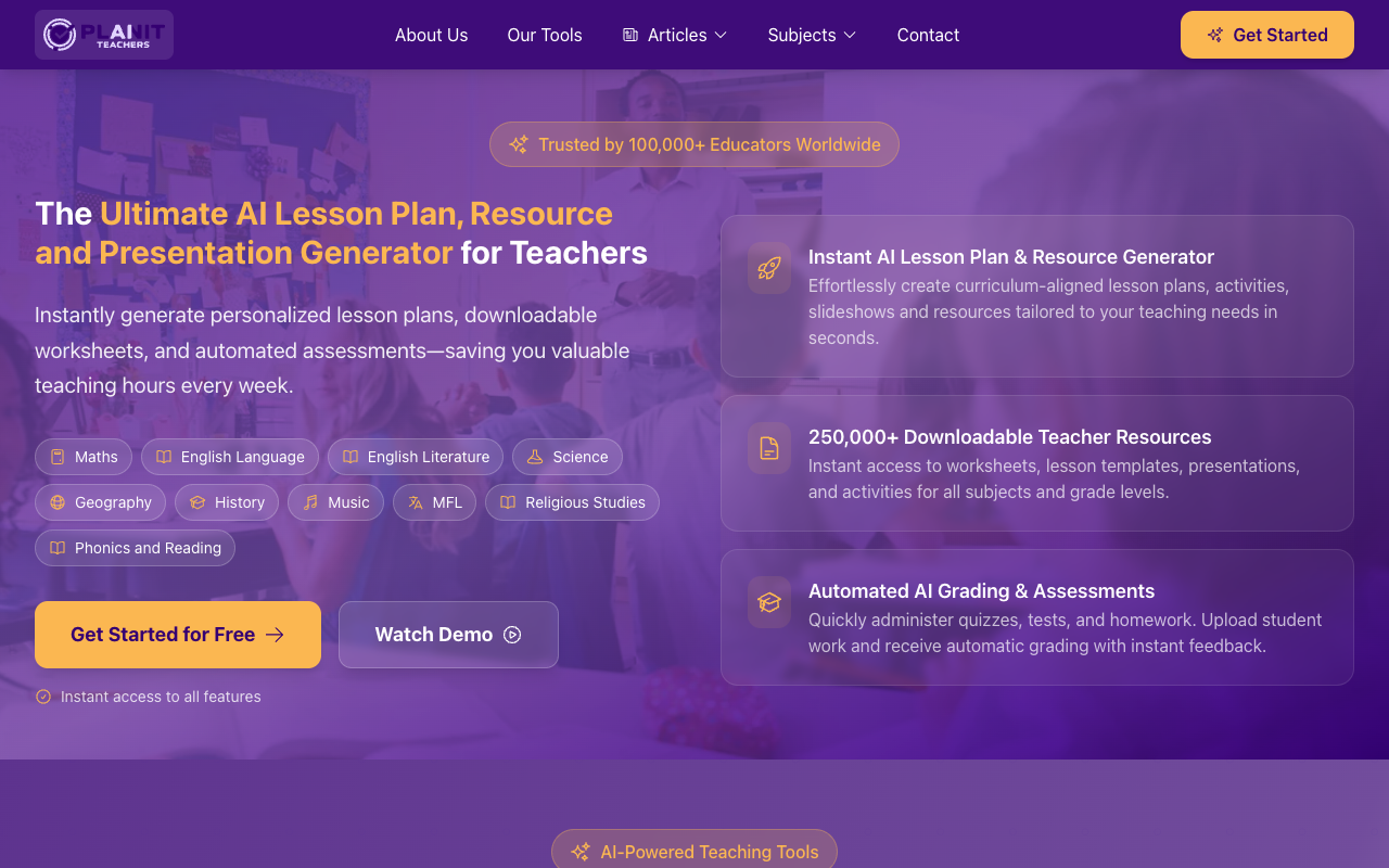 Planit Teachers - 为任何科目或年龄段生成的人工智能课程计划