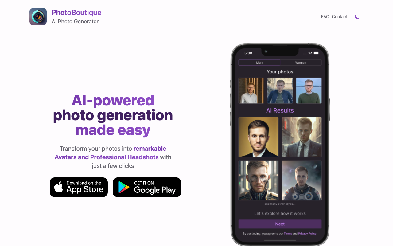 PhotoBoutique - AI 头像生成器 - 创造惊艳的 AI 头像、照片和头像！ 人工智能 头像生成器