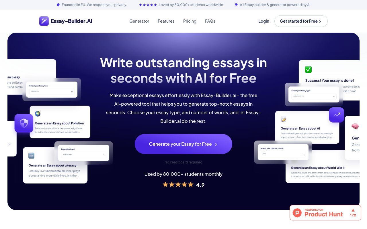 Essay-Builder.ai - 免费 AI 工具，秒速生成卓越的文章 人工智能 文章生成