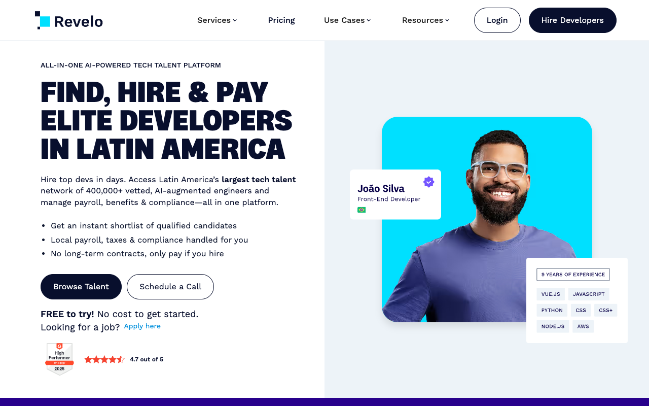 Revelo Payroll - 国际团队科技领导者的免费 AI 支付系统