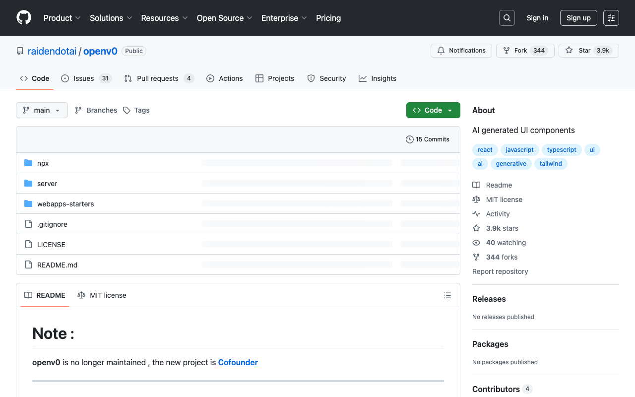 openv0 - 使用 React+Tailwind 构建的 AI 生成 UI 组件，开源项目