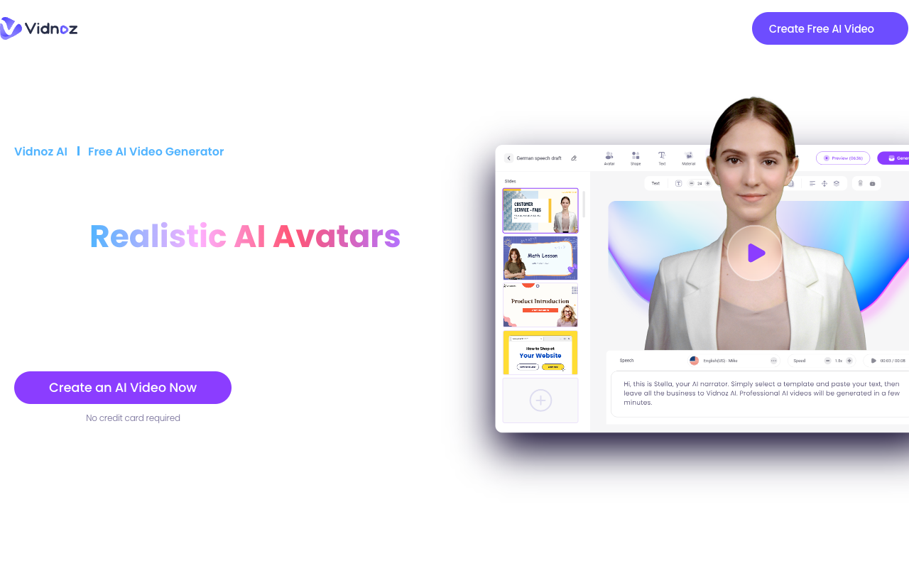 Vidnoz AI - 1 分钟内用 AI 头像从文本生成 AI 视频 人工智能 视频生成