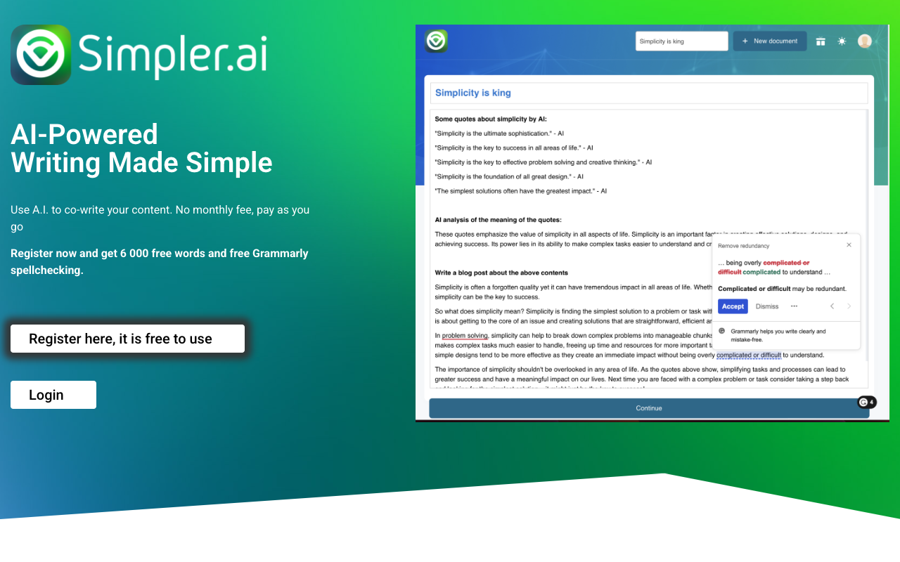 Simpler.ai - 专注于简单易用的 AI 写作工具 人工智能 写作工具