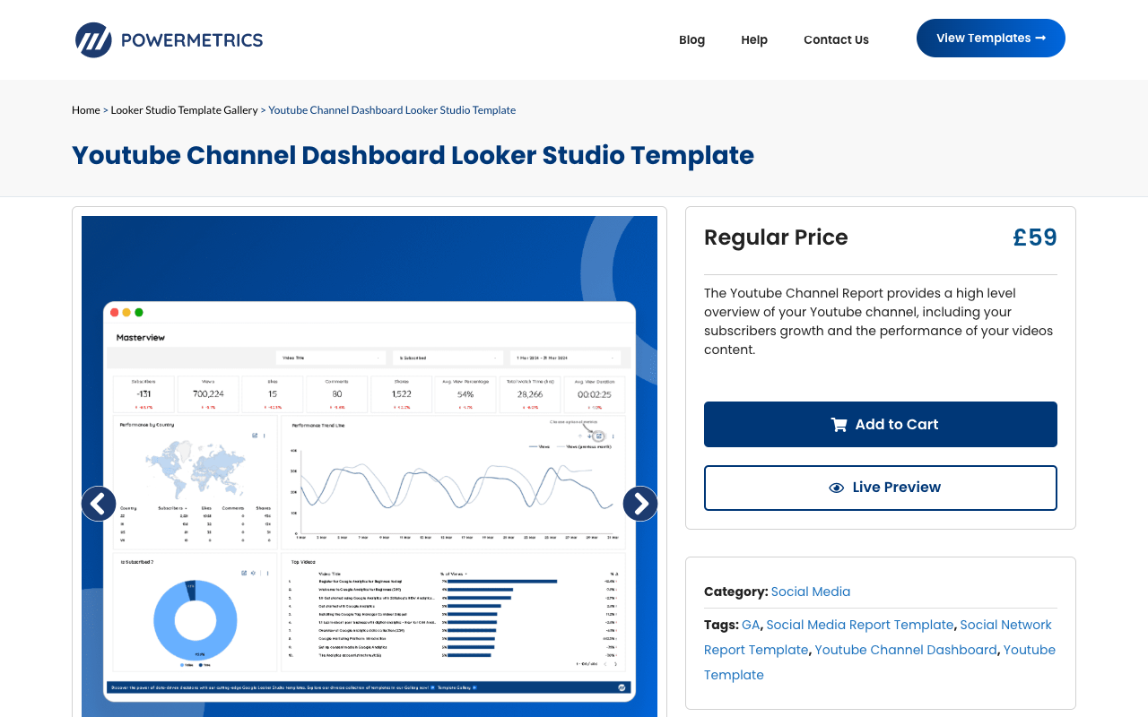 Youtube Analytics Report Template - Youtube Channel Dashboard Looker Studio Template