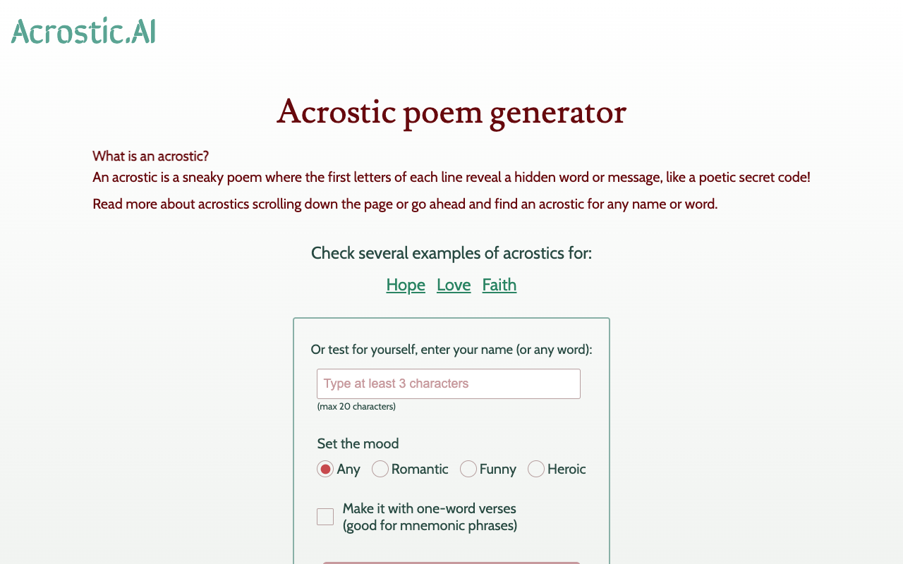 Acrostic AI - 为任何单词生成诗歌的多功能人工智能 人工智能 诗歌 创意工具