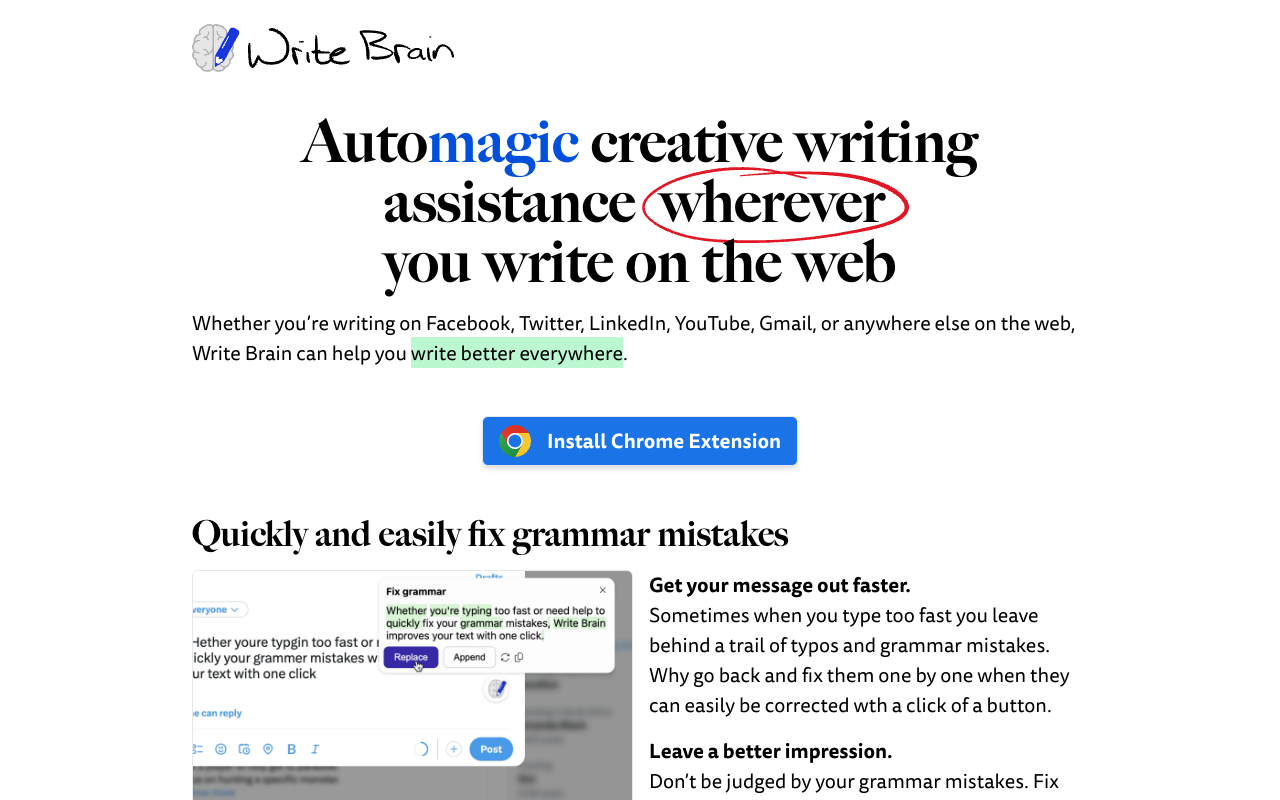 Write Brain: 浏览器中的写作助手 - 修正语法，提升写作，翻译文本 - 在每个网站上