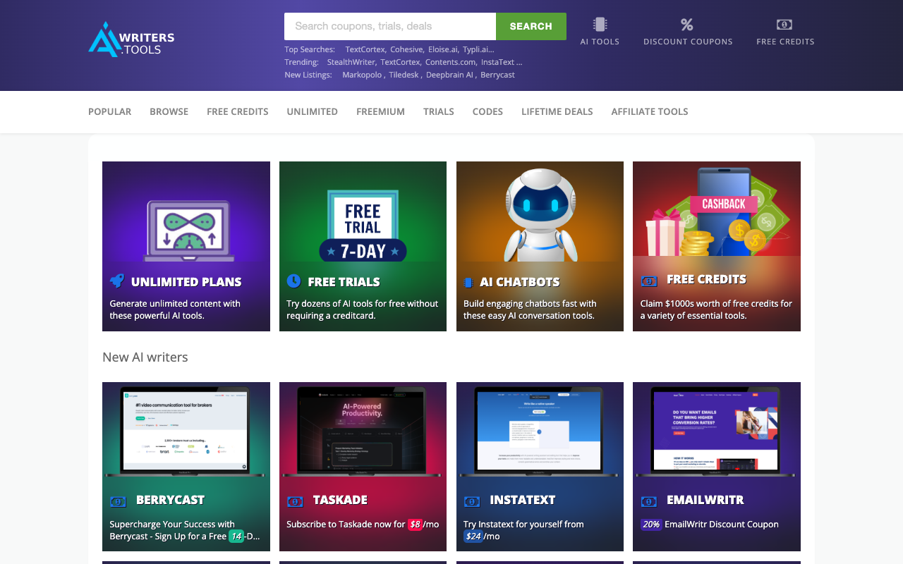 AiWriters.tools - #1 AI 写作工具目录，提供 187 个折扣券