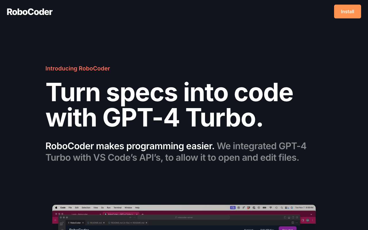 RoboCoder - 在 VS Code 中使用 GPT-4 Turbo 编程工具 人工智能