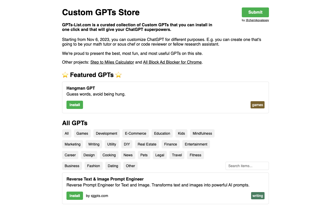 自定义 GPT 商店 - 非官方的 ChatGPT 自定义版本商店