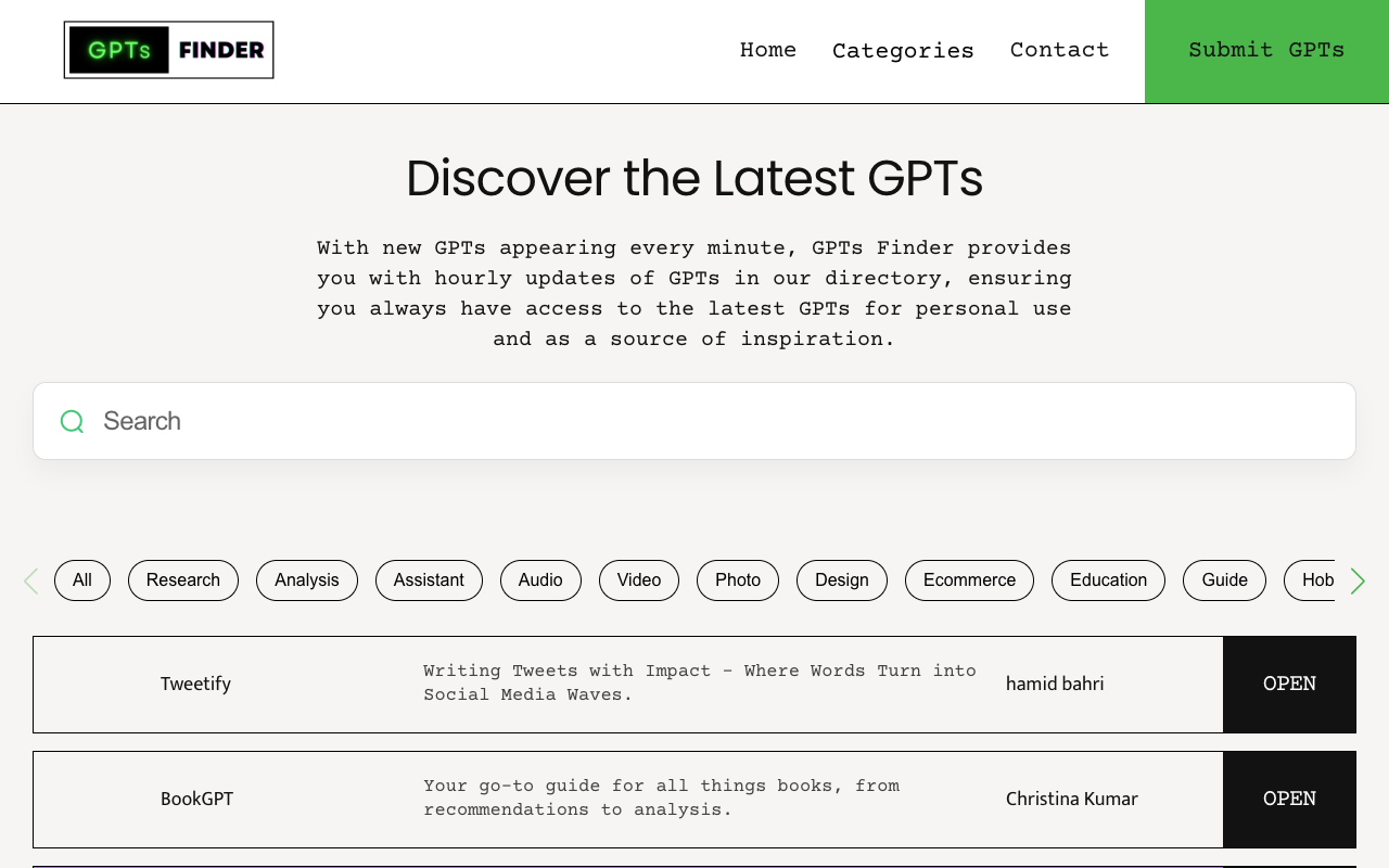 GPTs Finder - 每日更新目录 - 4000+ GPTs，搜索，分类，每日自动更新 GPTs 人工智能