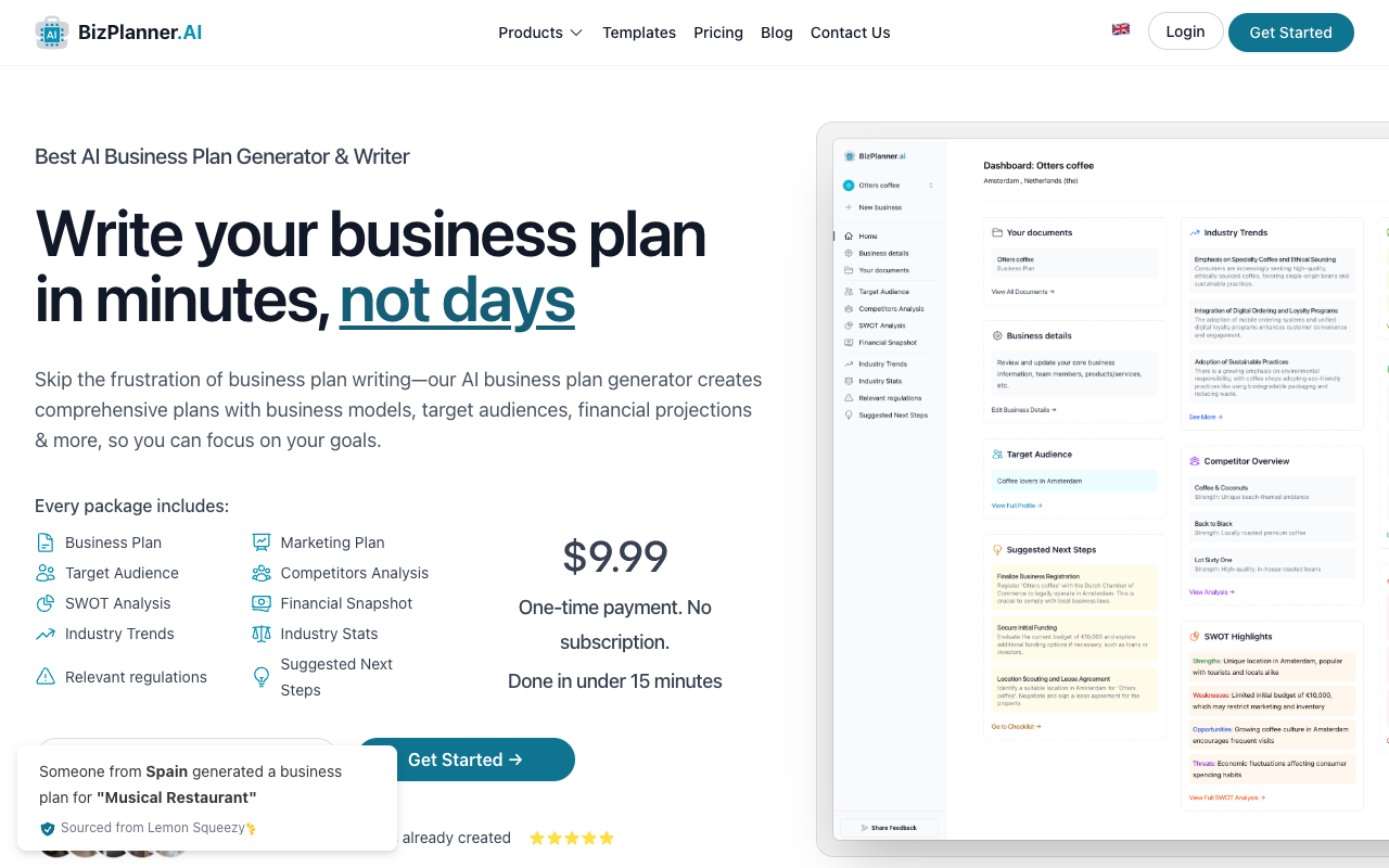 BizPlannerAI - 从空白页面到专业商业计划只需几步