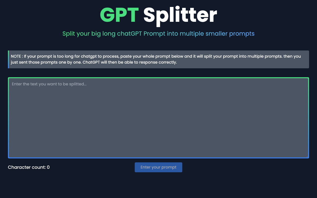 GPT Splitter - 将您的长对话 GPT Prompt 分割成多个较小的提示
