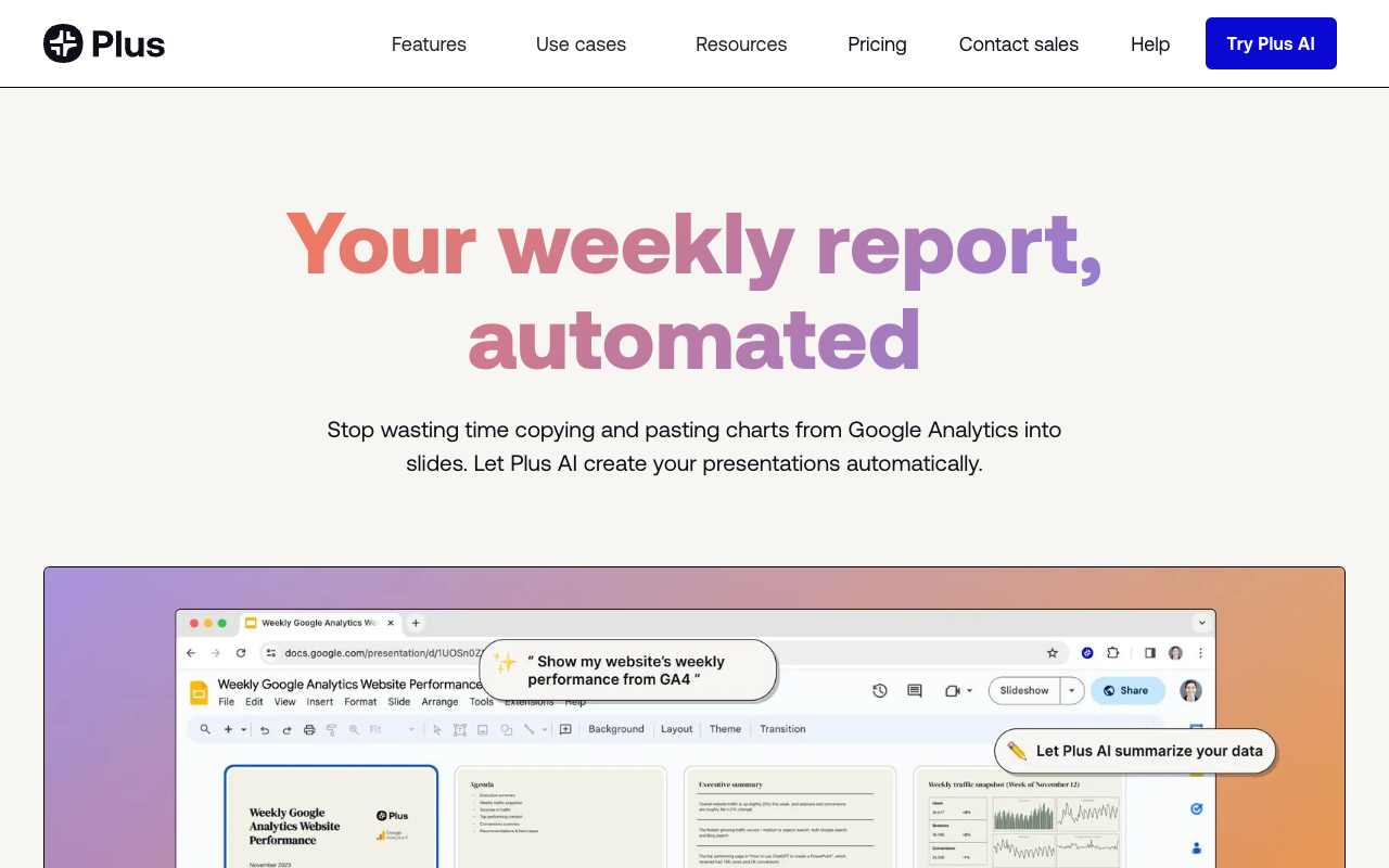 Plus AI Google Analytics 报告 - 使用您的 Google Analytics 数据进行 AI 驱动的演示