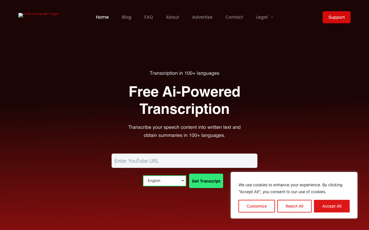 Transcriptal - 免费的 AI 助力 YouTube 转录平台 视频转录 人工智能