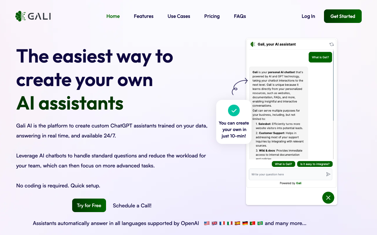 Gali AI - Custom ChatGPT assistants connected to your backend