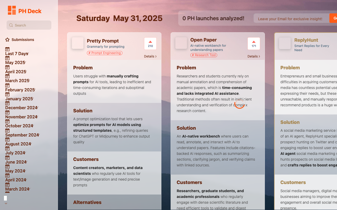 PH Deck - Explore daily product launches using AI and YC wisdom