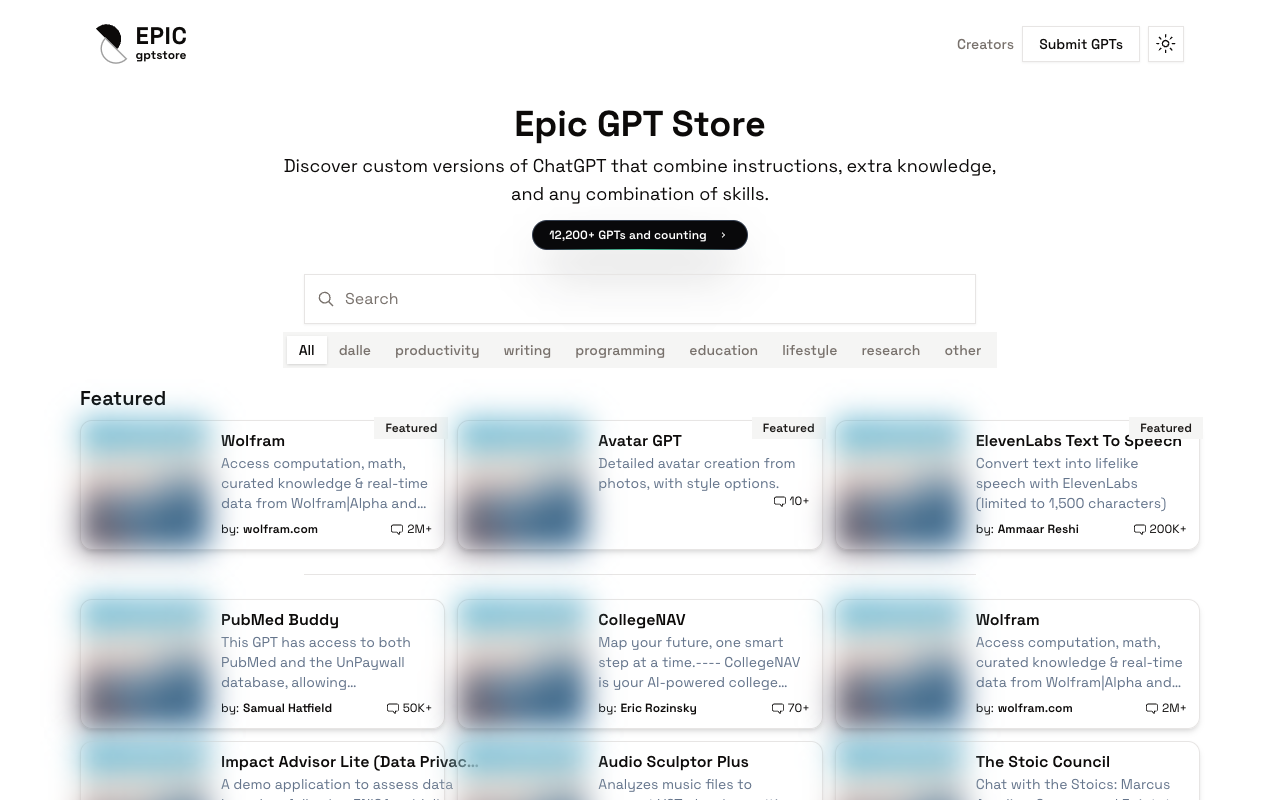 Epic Gptstore - Discover an Amazing Collection of Custom GPTs
