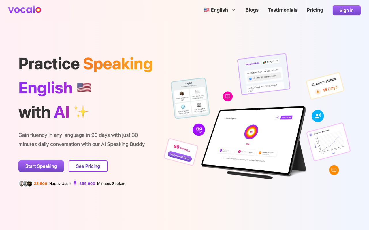 Vocalo.ai - Become a Fluent English Speaker by talking with AI AI Language Learning