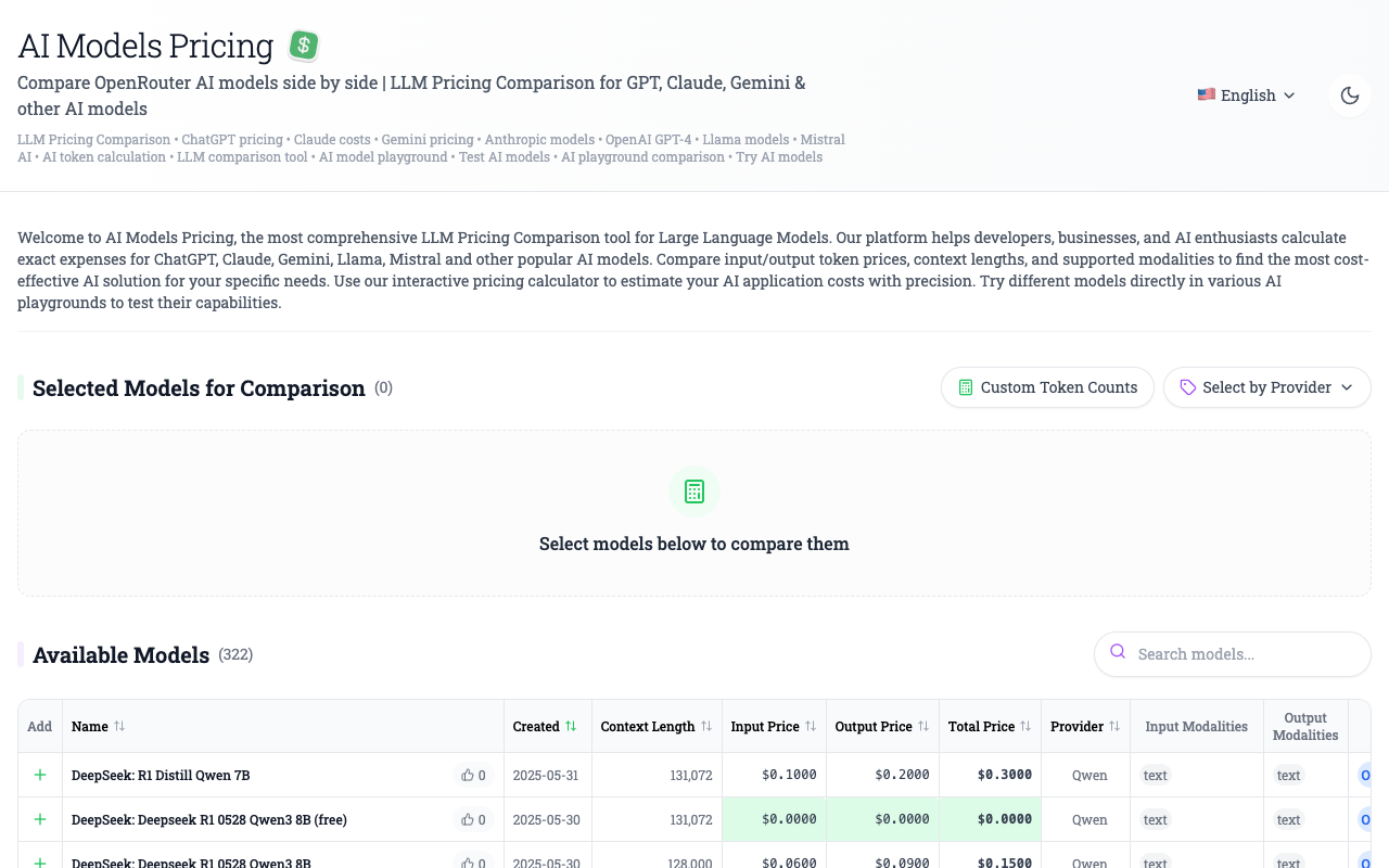 LLM Pricing - A Comprehensive Comparison Tool for Large Language Model Costs