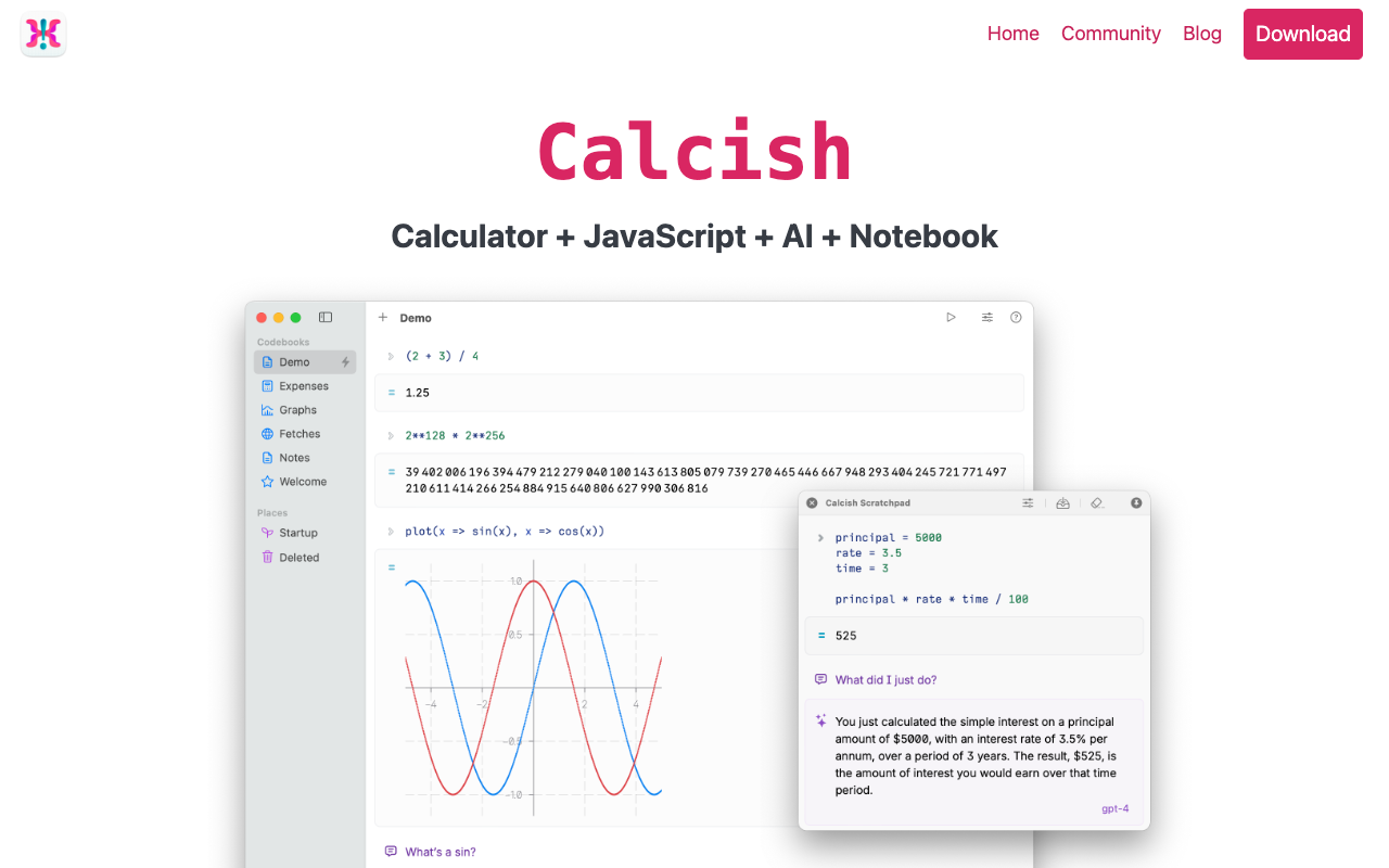 Calcish - Calculator + JavaScript + AI + Notebook