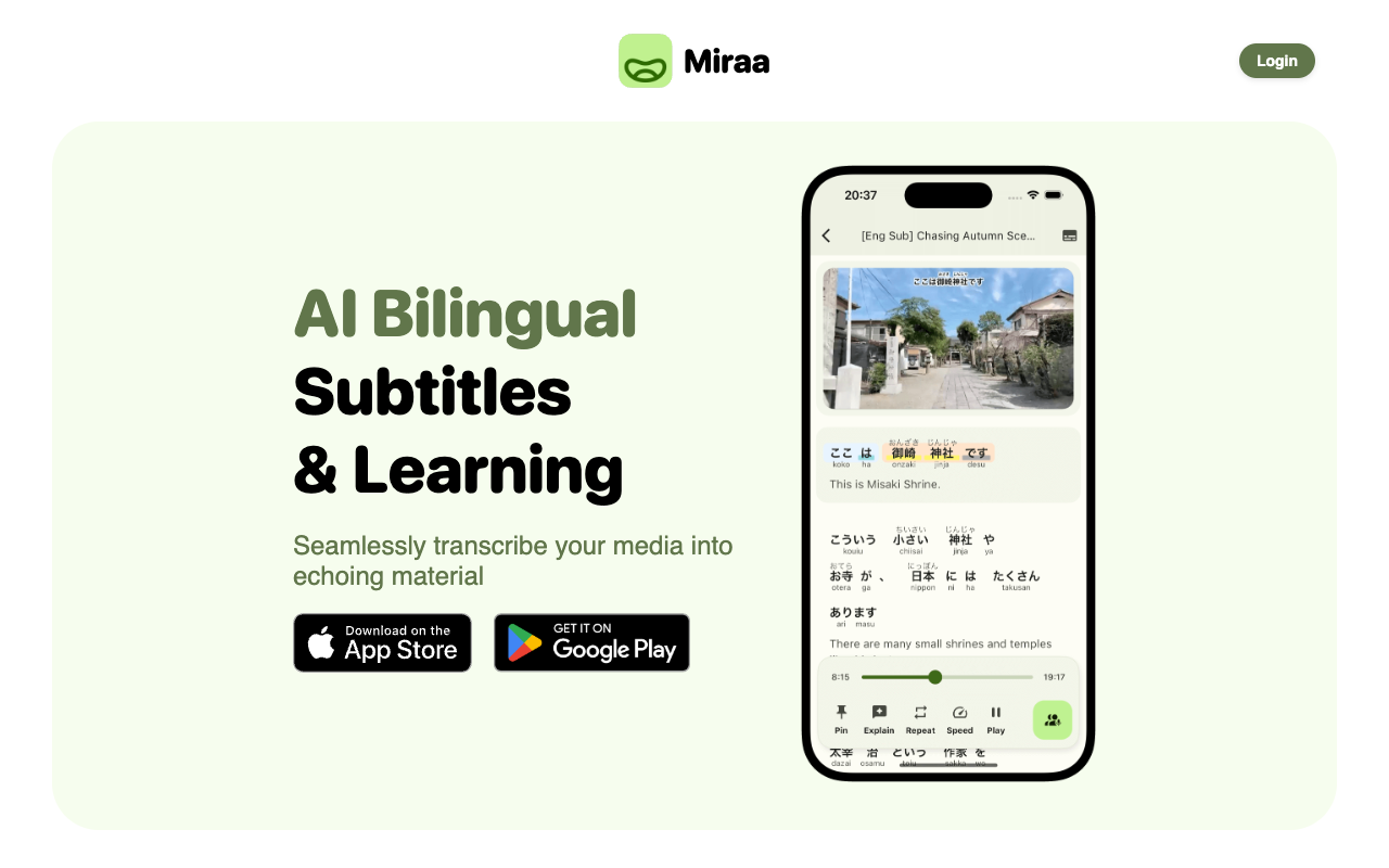 Miraa - AI Transcribe & Bilingual Subtitles Language Learning AI Language Learning Subtitles