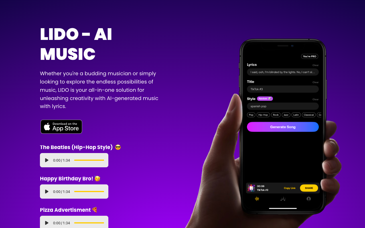 LIDO - AI Music Generator - Generate realistic AI music with lyrics and style