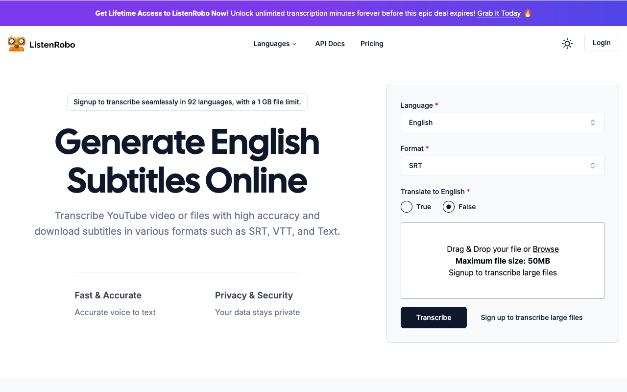ListenRobo - Transcribe and Summarize Media Files and Podcasts AI Transcription Subtitles
