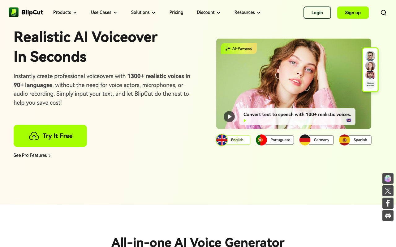 BlipCut AI Voiceover - Effortlessly Generate High-Quality Voiceovers
