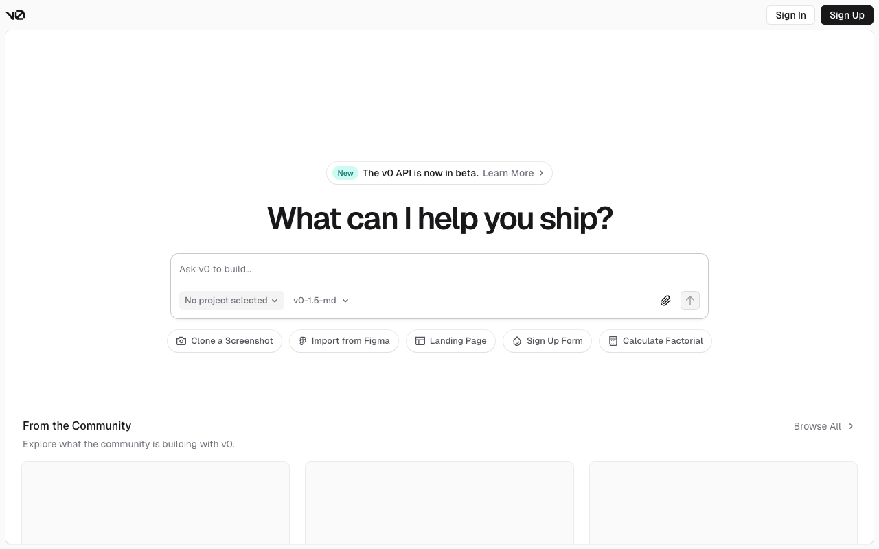 V0.dev - Generate UI from simple text prompts and images UI Development
