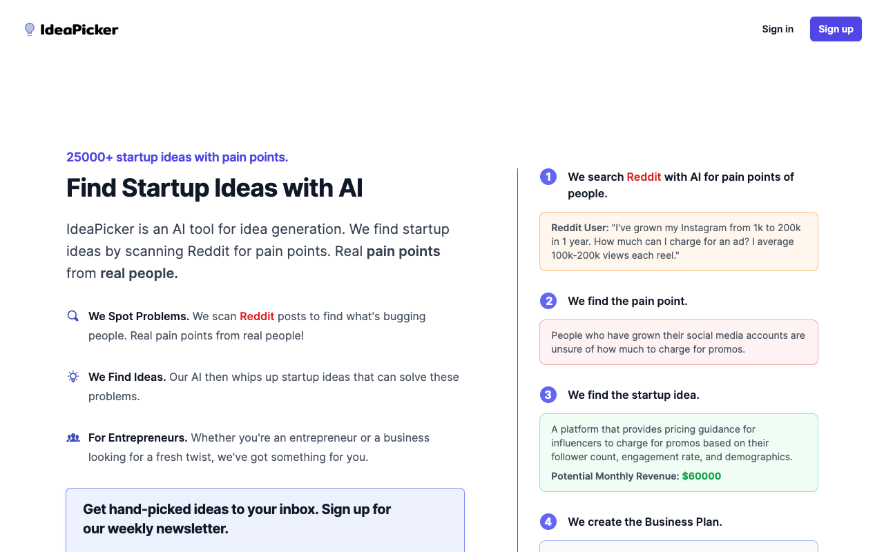 IdeaPicker - Generate Startup Ideas with AI by Scanning Reddit for Pain