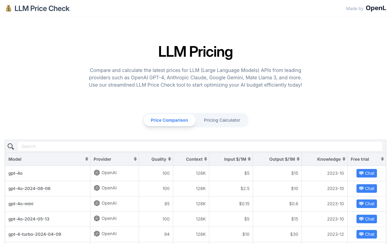 LLM Price Check - Compare LLM API Pricing Instantly