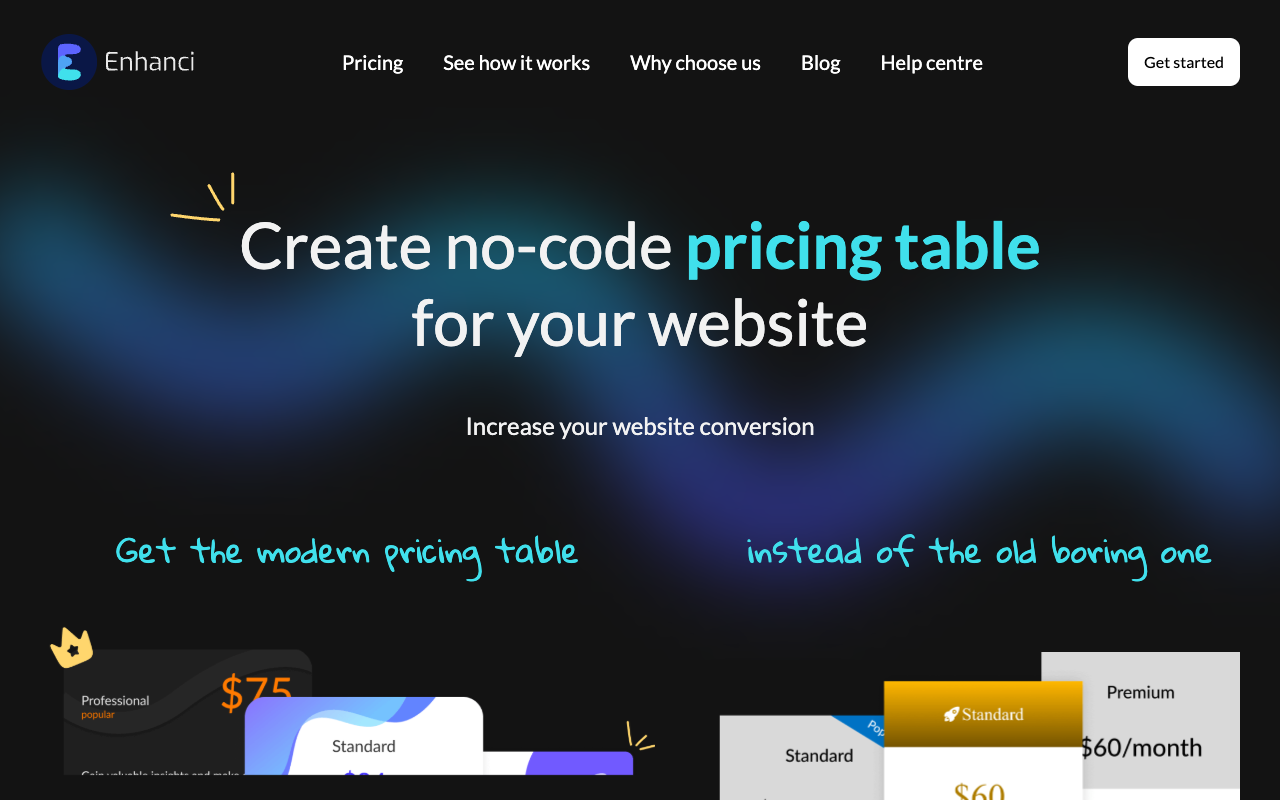 Enhanci - Create no-code pricing table and run A/B experiments