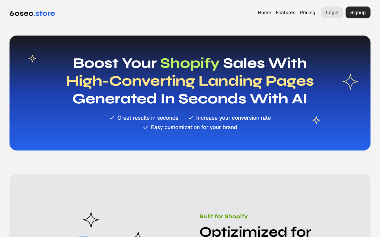 60sec.store: AI Landing Pages for Shopify - Generate High-Converting Landing Pages in Seconds with AI