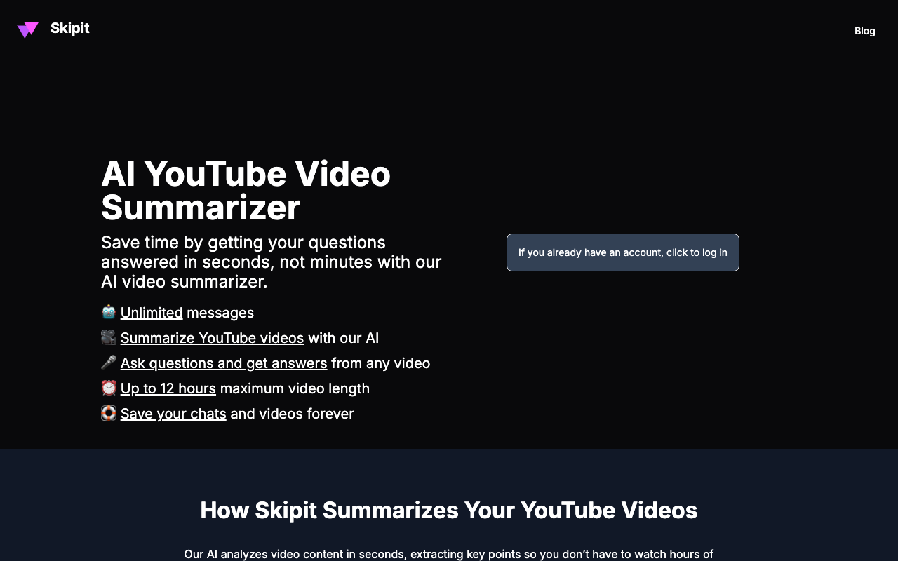 Skipit.ai - Summarize and Chat to YouTube Videos up to 12 Hours Long
