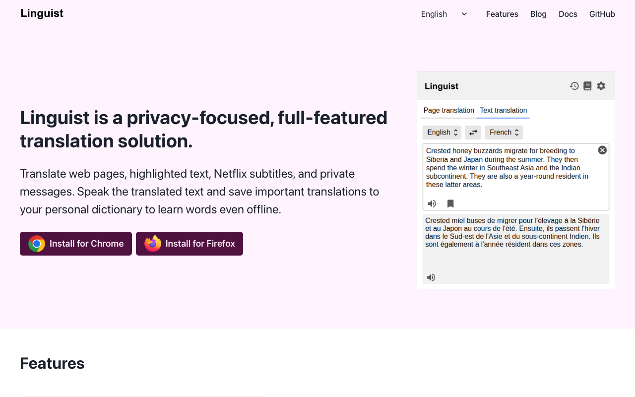 Linguist Translate - A privacy-focused, full-featured translation in your browser Translation Browser