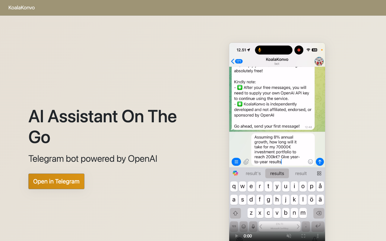 KoalaKonvo - AI Assistant for Telegram: Code Generation, Web Summaries, and More