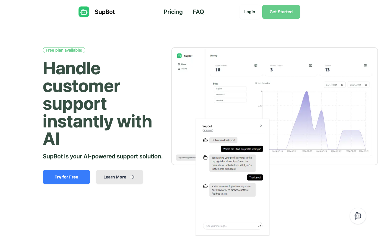 SupBot - Instant AI Support. Train and Deploy Support Bots with Ease