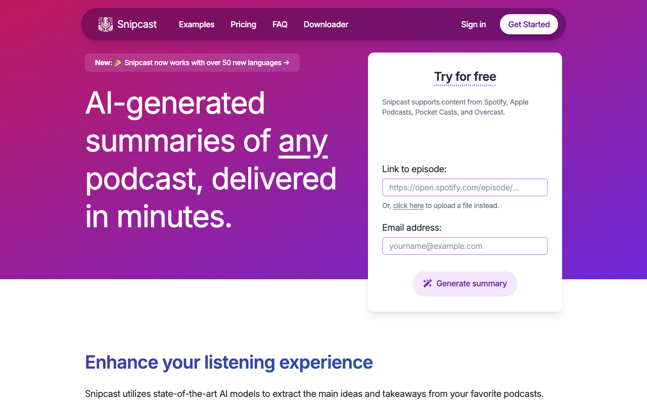 Snipcast - AI-generated summaries of any podcast, delivered in minutes