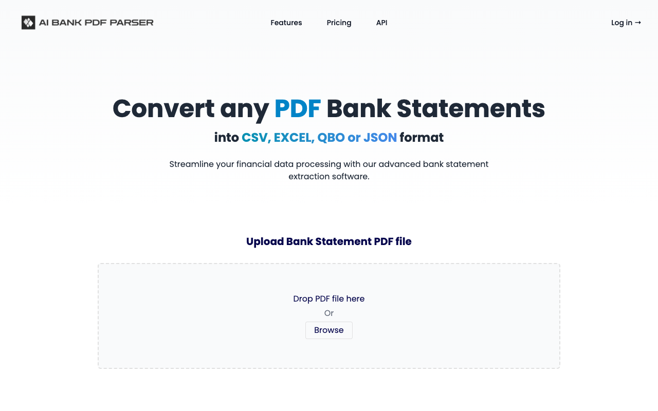 AI PDF Bank Statement Parser - Convert PDF Bank Statements to CSV, XLSX, QBO, and JSON