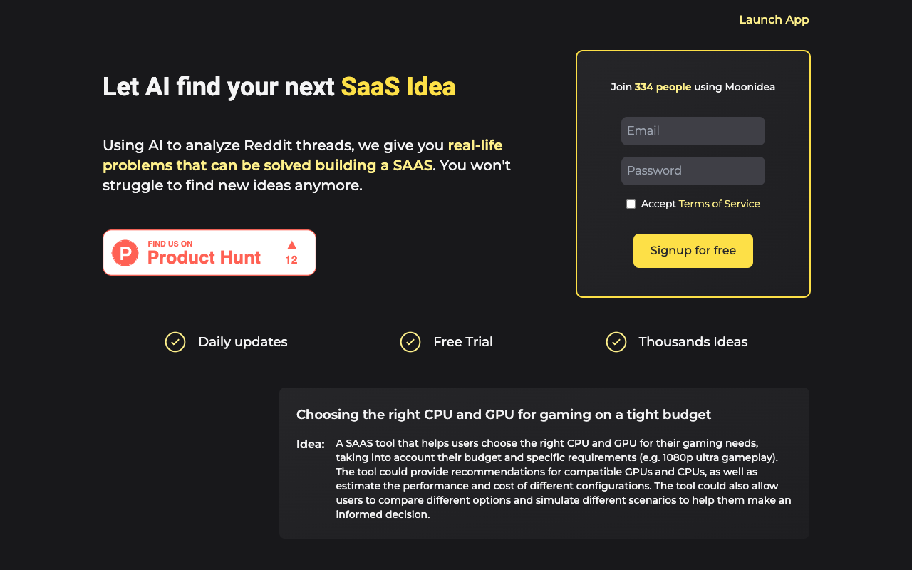 Moonidea - Revolutionizing SAAS Idea Generation with AI and Reddit Threads AI SAAS