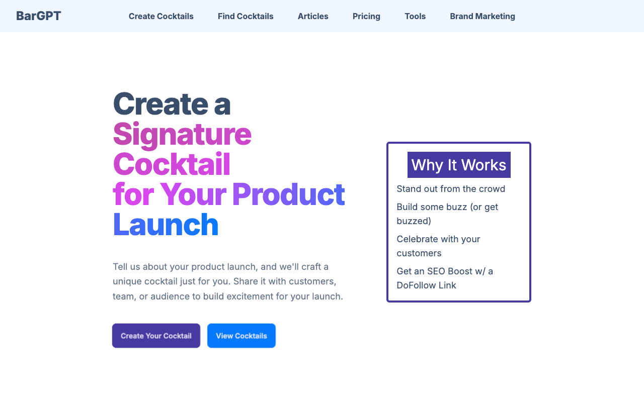 Product Launch Cocktail Creator - AI Cocktail for Marketing Your Product Launch AI Marketing