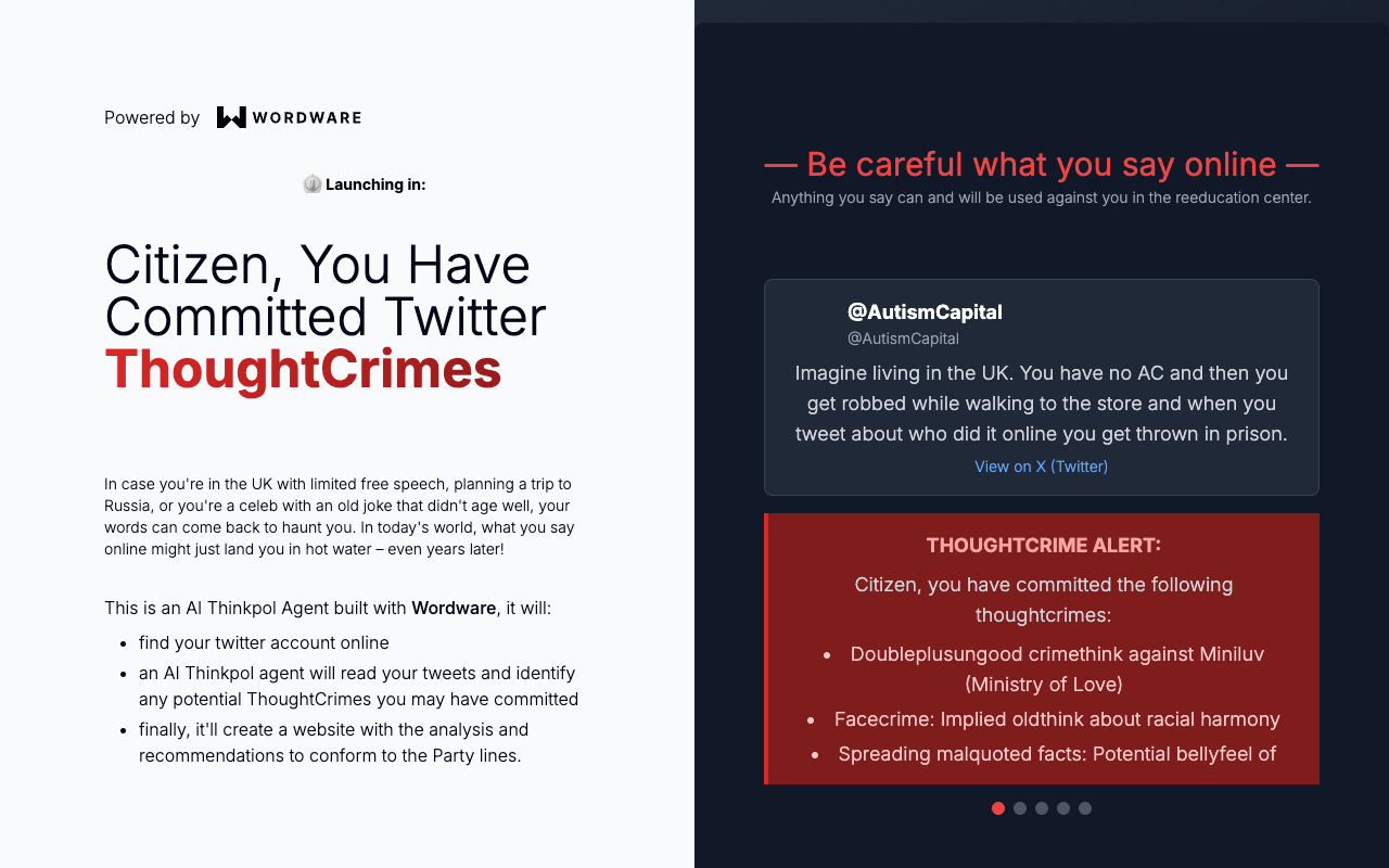 ThoughtCrime - Uncover Your Online ThoughtCrimes with AI ThinkPol Agent