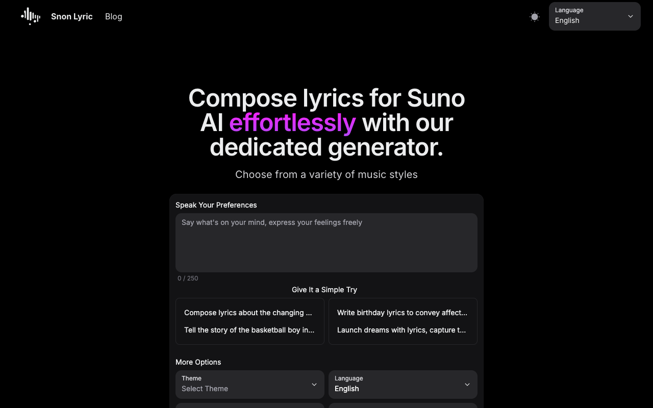 Suno AI Prompt Generator - Spark Creativity with Snon Lyric