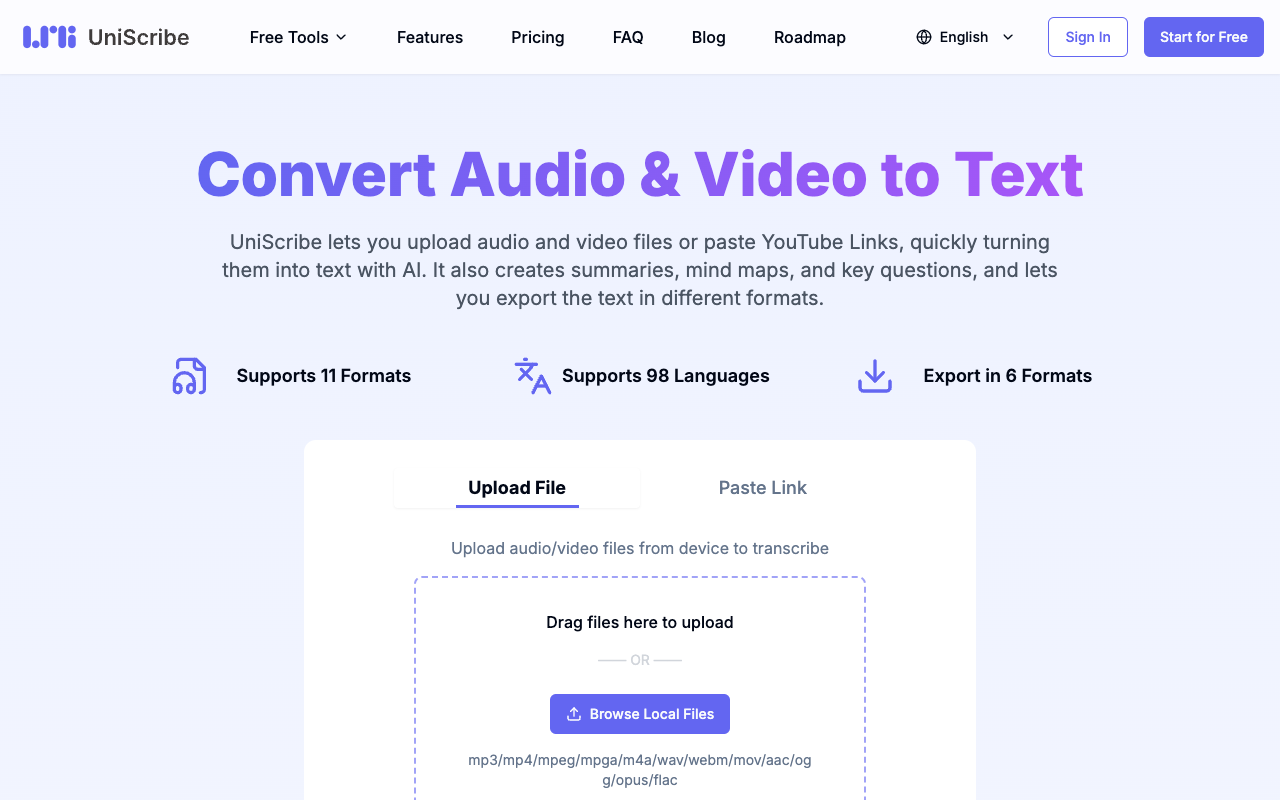 UniScribe - Efficiently Transcribe and Summarize Audio and Video Content AI Transcription Video