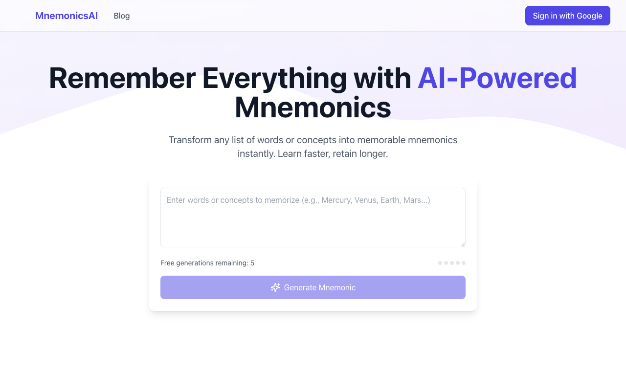 MnemonicsAi - Enhance Learning Efficiency with Mnemonics and AI